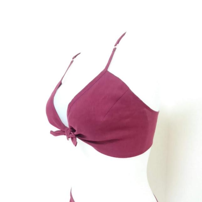 リネン100％　ワインレッド　ブラジャー　ワイヤーなし　ゴム紐なし　ストレッチ素材なし　バッククロス
