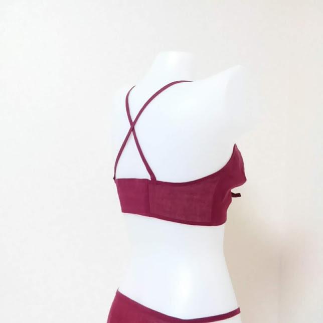 リネン100％　ワインレッド　ブラジャー　ワイヤーなし　ゴム紐なし　ストレッチ素材なし　バッククロス | 4枚目